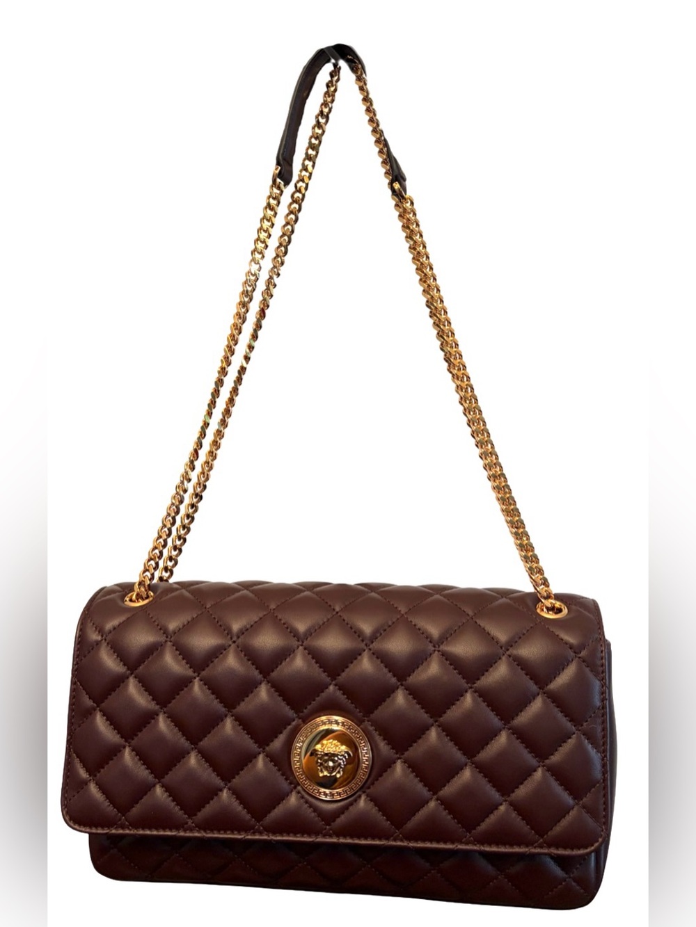 Versace La Medusa Brown Quilted Lambskin Leather Medium Crossbody Shoulder Bag - Picture 3 of 16